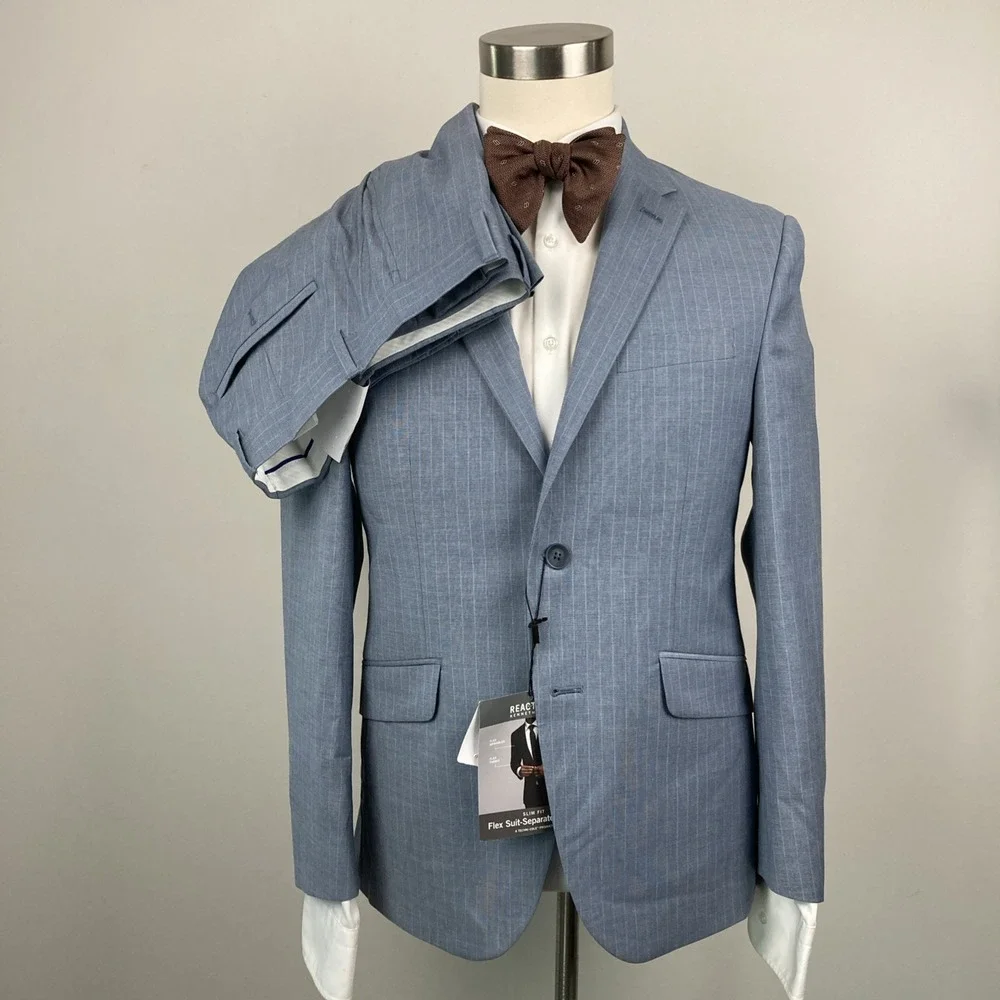 Kenneth Cole Reaction Men's Pinstripe Slim-Fit Techni-Cole Suit Blue 38S 30W 30L